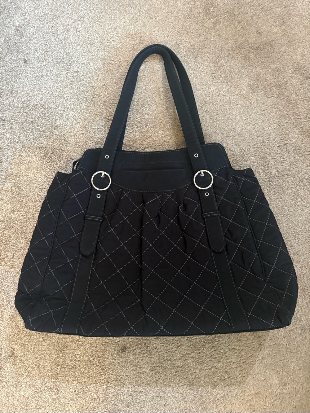 Vera Bradley Black Quilted Tote with Silver Ring Accents